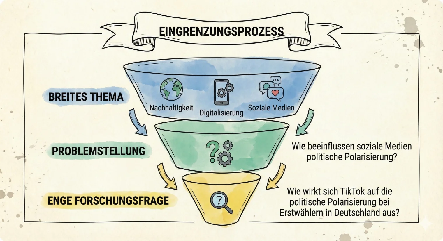Forschungsfrage entwickeln mit dem Trichter-Prinzip: vom Thema zur präzisen Frage | BachelorHero