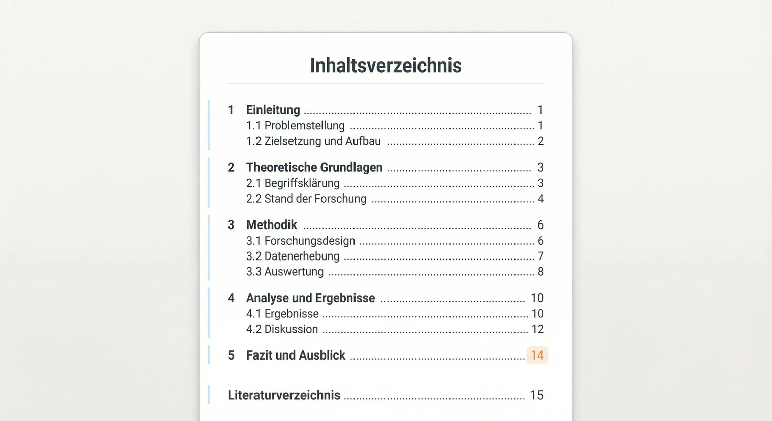 Beispiel einer Gliederung für eine Seminararbeit mit nummerierten Kapiteln und Unterkapiteln | BachelorHero
