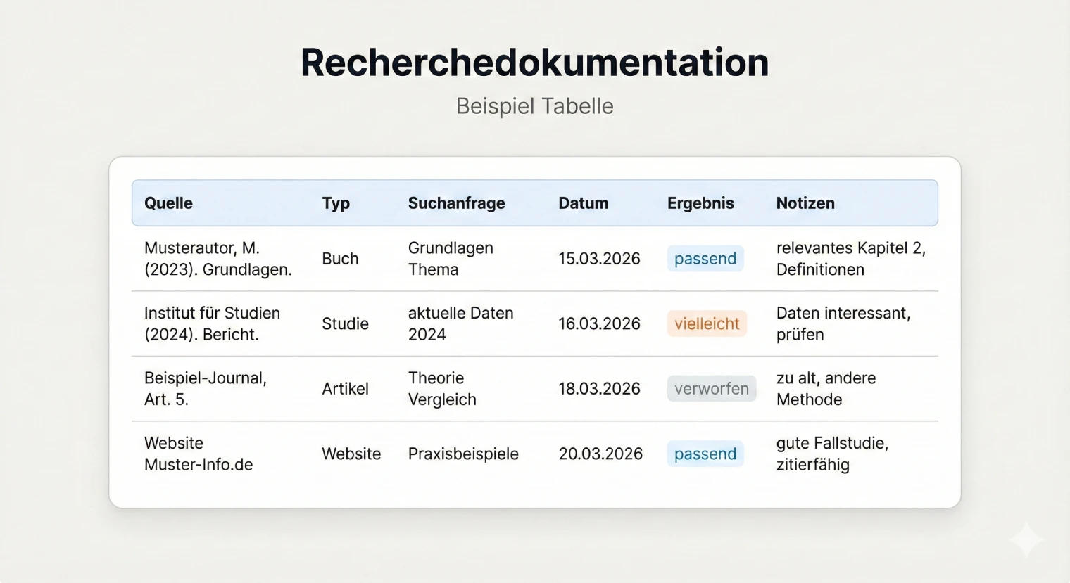 Recherche dokumentieren: Vorlage zum Kopieren für die Facharbeit | BachelorHero