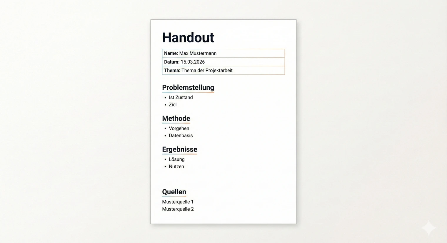 Handout für die Projektarbeit Präsentation: Aufbau und Beispiel | BachelorHero