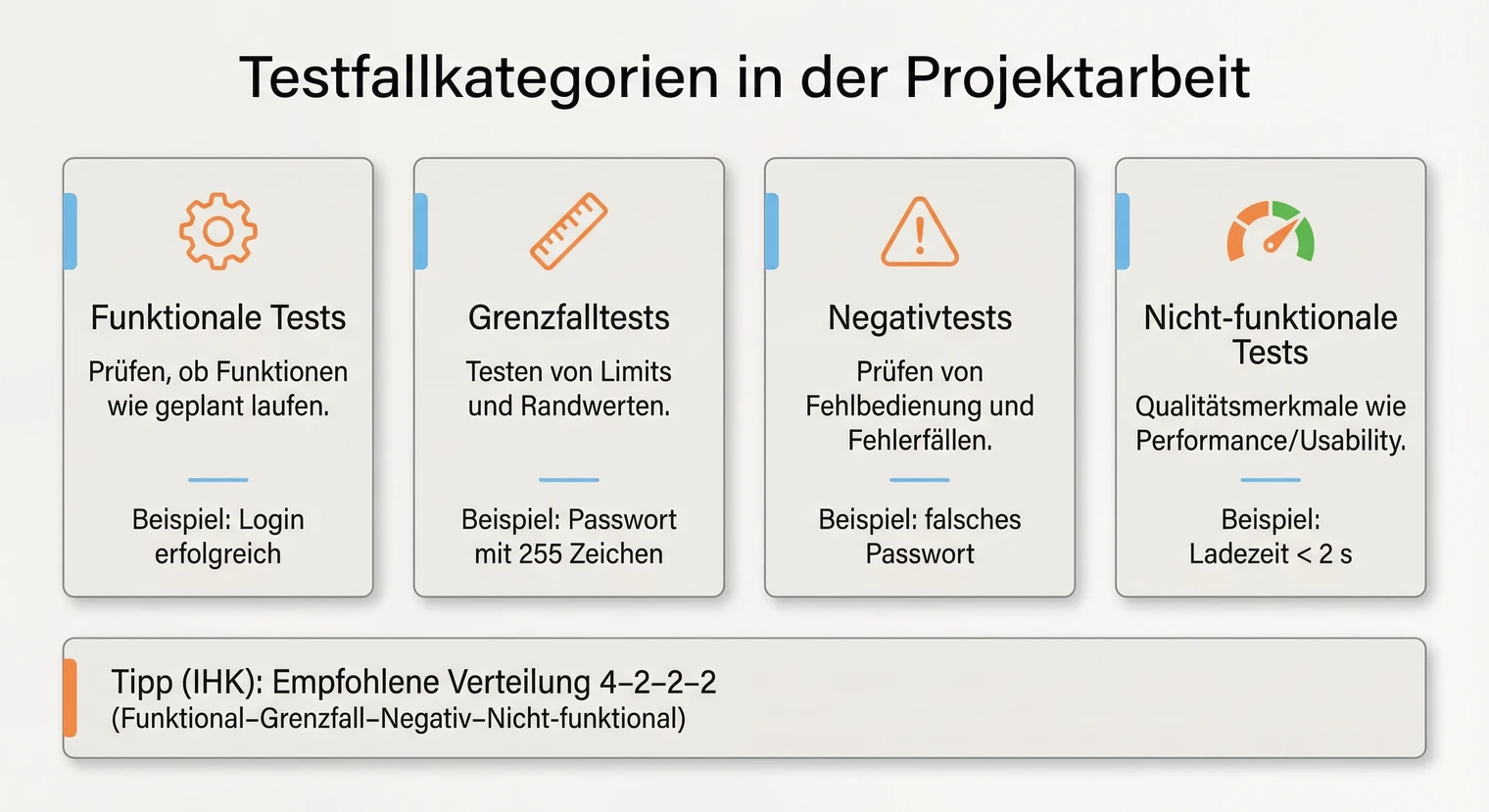 Testfallkategorien in der Projektarbeit: funktional, Grenzfall, negativ, nicht-funktional | BachelorHero