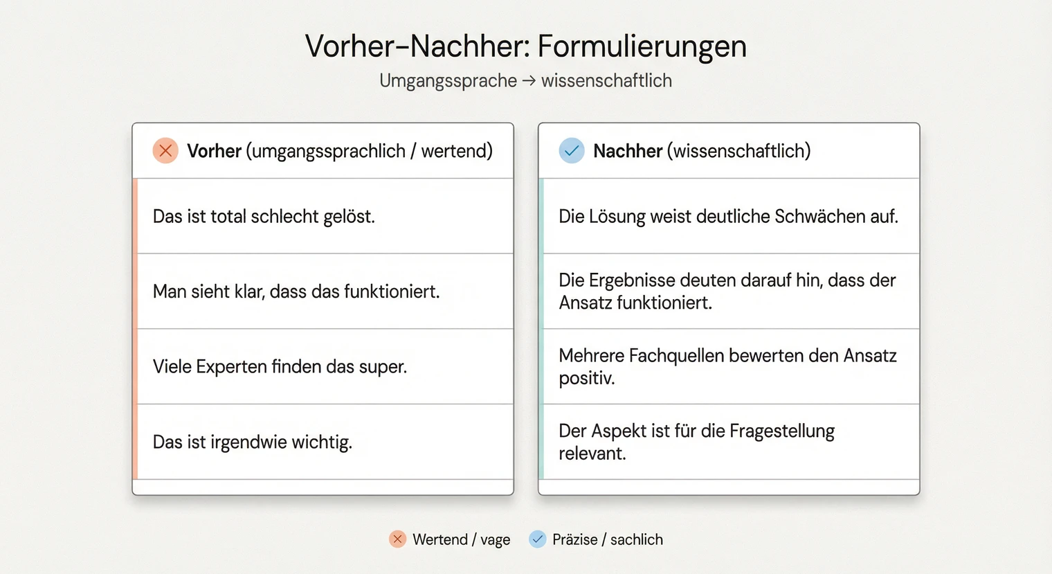 Wissenschaftlicher Schreibstil: Vorher-Nachher-Beispiele für Präzision, Nachvollziehbarkeit und sachliche Einordnung | BachelorHero